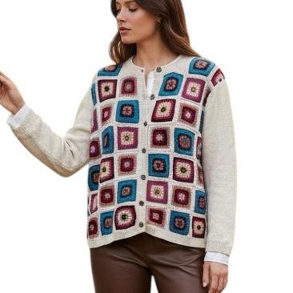 Vintage Alfred Dunner Petite Crochetd Cardigan| Granny Squares| Beige - Picture 2 of 9